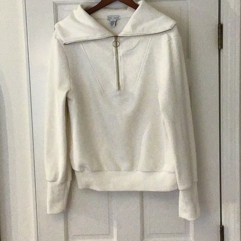 Cozy Off White Half-Zip Pullover, with gold zipper.